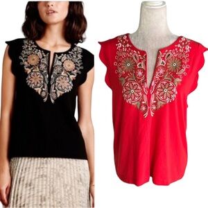 Anthropologie Akemi + Kin Binah Red Embroidered Scalloped Knit Top - M
